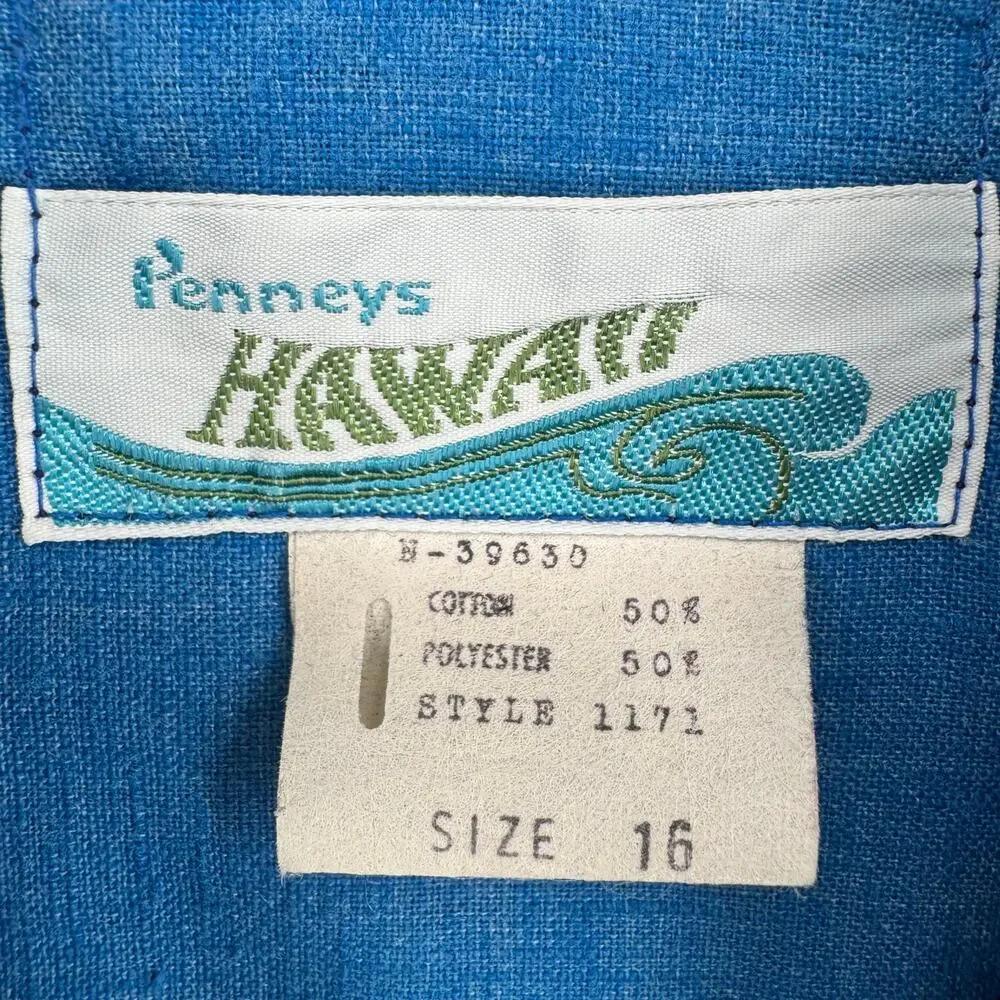 Vintage 60s Penneys Hawaii Camp Shirt Womens 16/S? Blue Lightweight Cotton Blend
